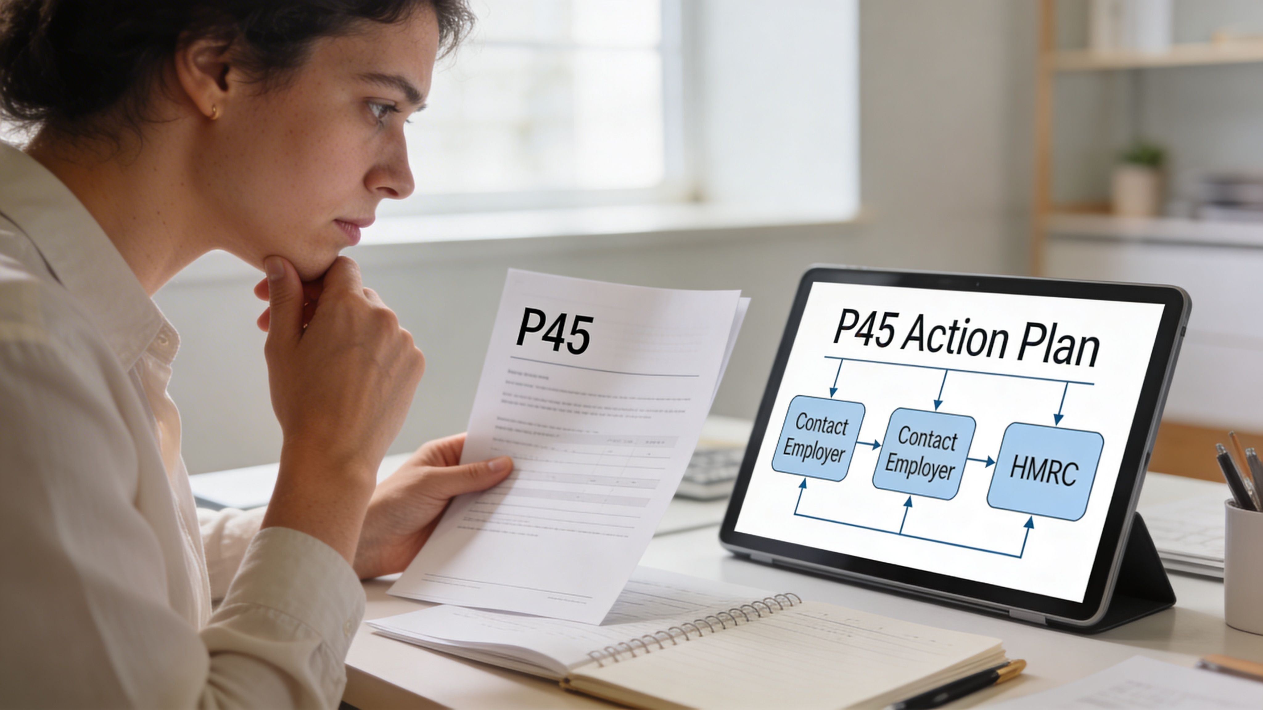 A person reviewing a P45 form while looking at a tablet displaying a P45 action plan flowchart.
