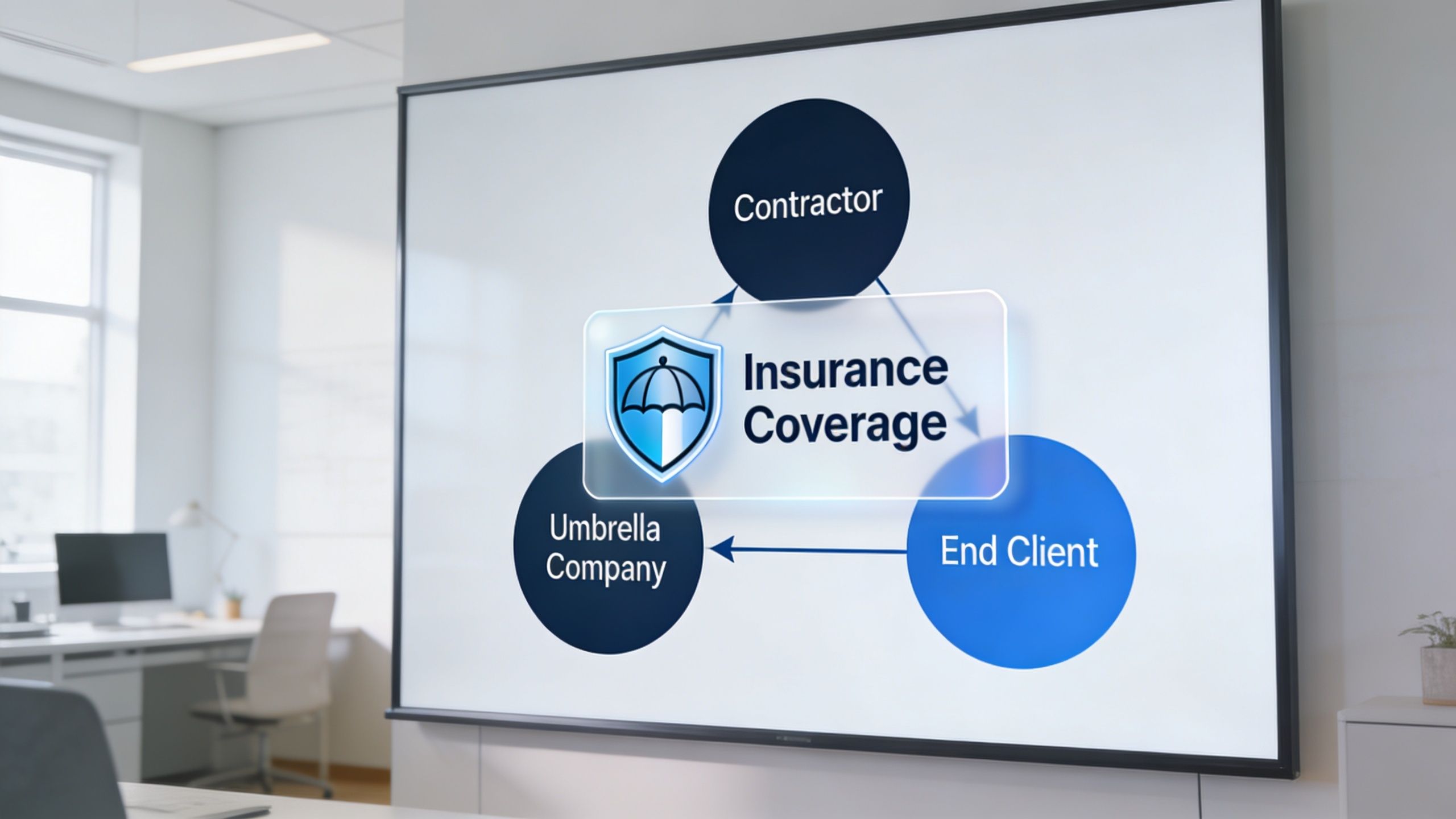 A diagram on a presentation screen illustrating the relationship between a contractor, end client, and umbrella company.