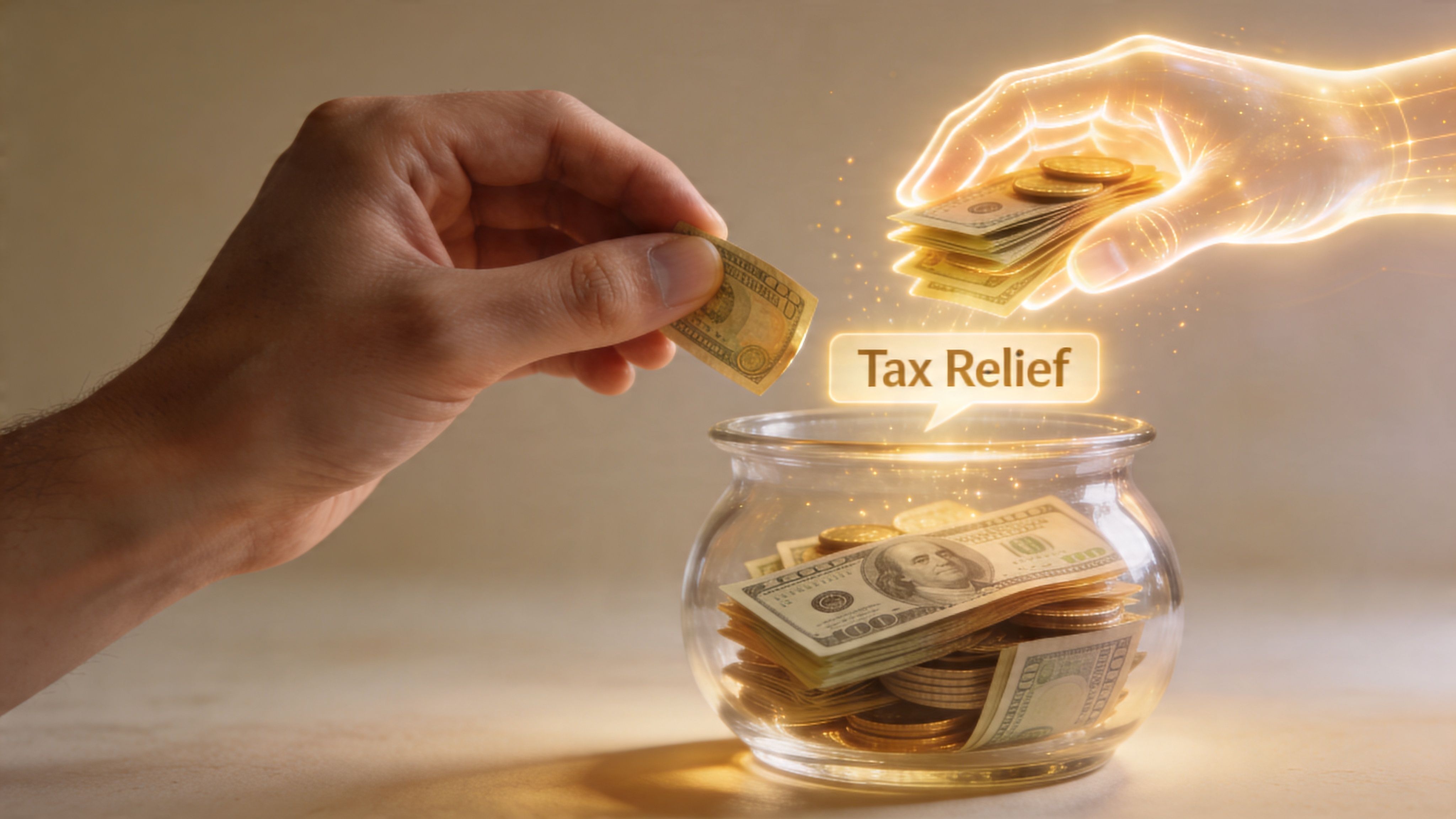 A human hand and a glowing digital hand adding money into a glass jar labeled Tax Relief.