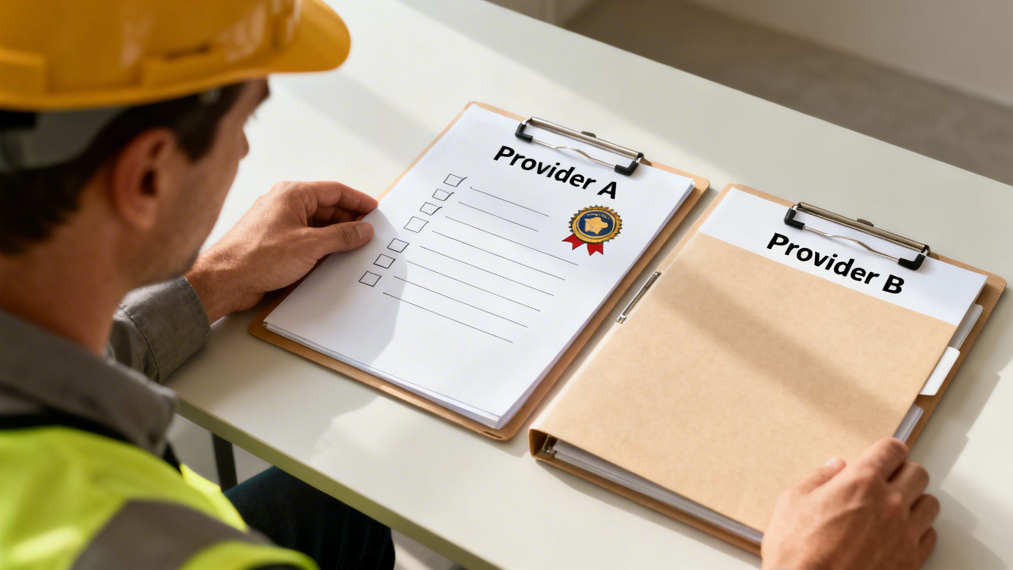 A person in a hard hat compares 'Provider A' and 'Provider B' files for selection.