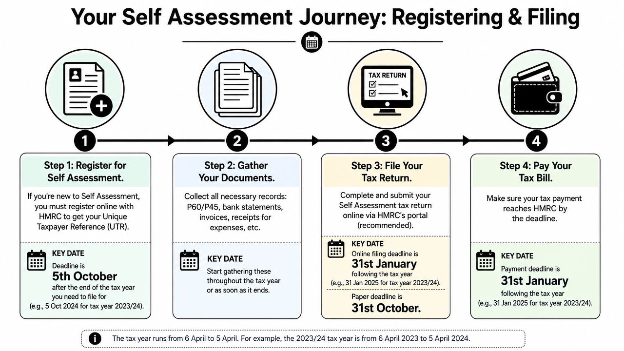 A flowchart outlining the four-step process for UK tax self-assessment registration and filing with key deadlines.