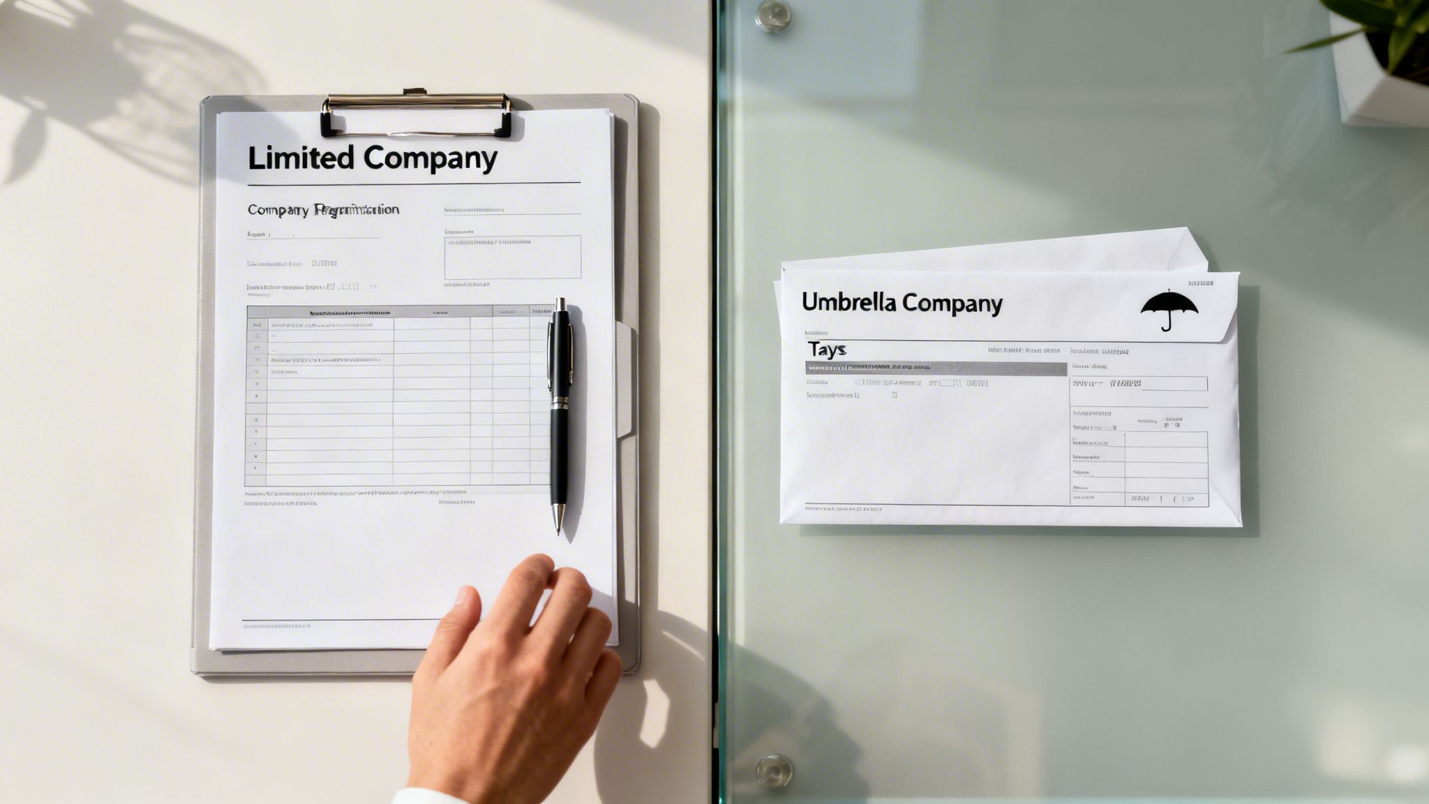A person's hand with a pen interacting with business documents for a limited company and an umbrella company.