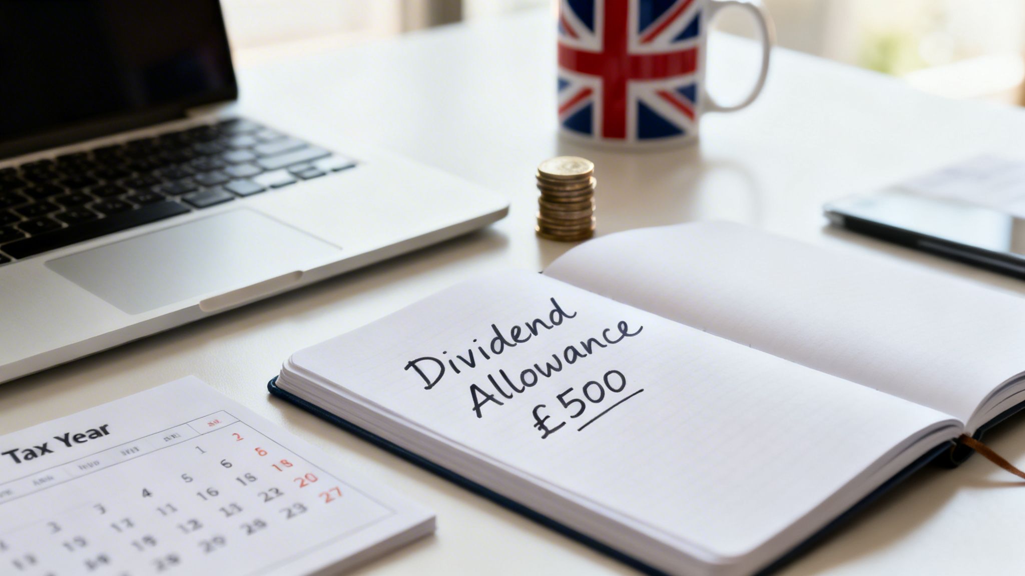 A notebook displaying 'Dividend Allowance £500' on a white desk with a laptop, coins, and a UK flag mug.