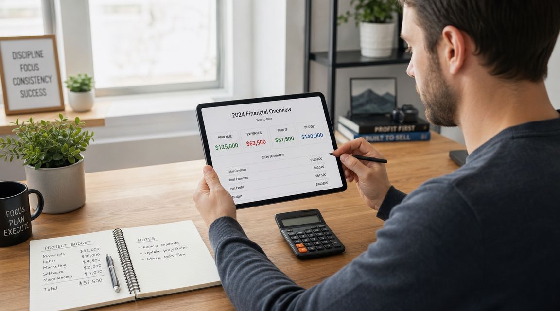 A professional analyzing 2024 financial data on a tablet while working at a tidy wooden desk.