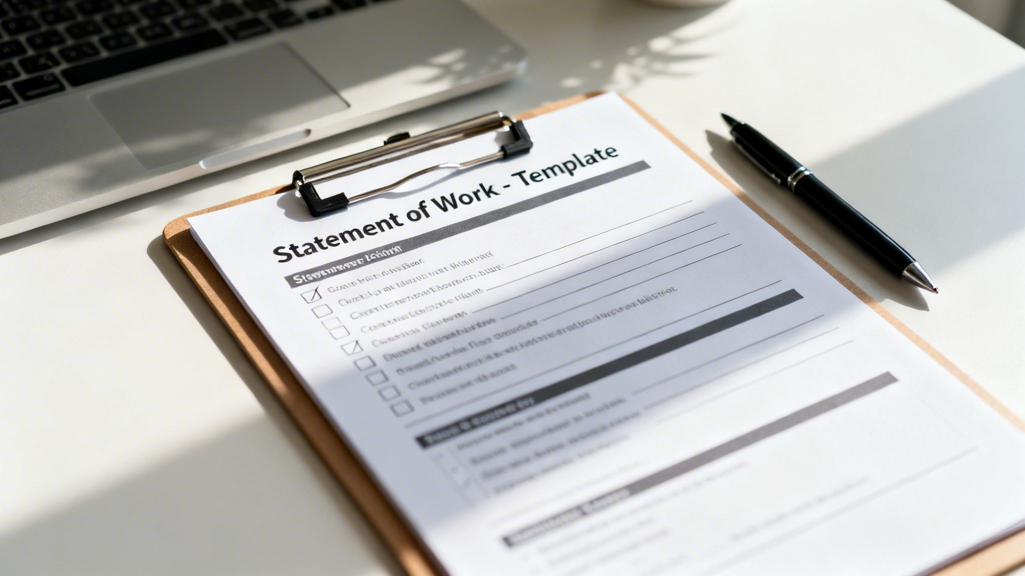 Statement of Work template on a clipboard with a pen and laptop on a white desk.