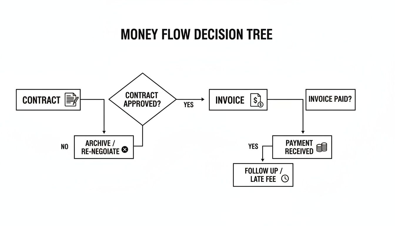 A money flow decision tree flowchart outlining contract approval, invoicing, payment, and follow-up.