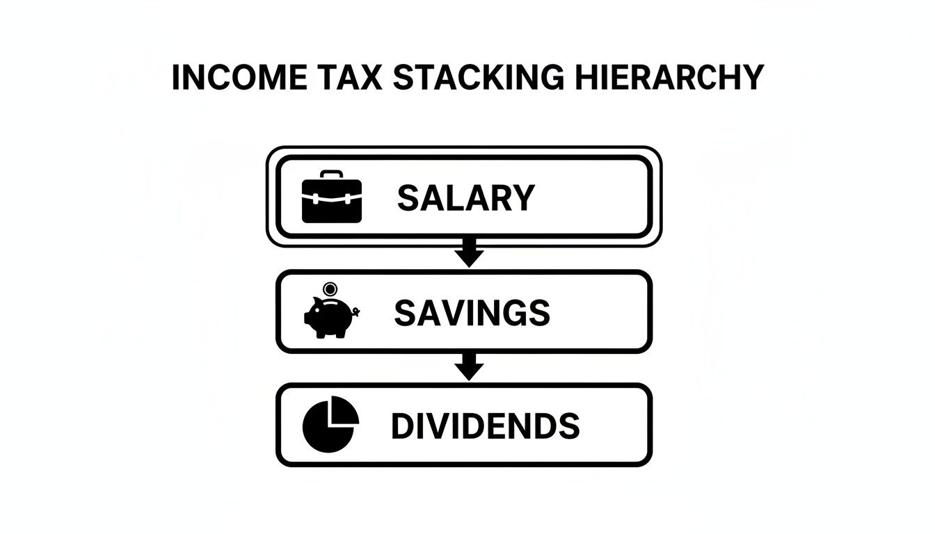 A hierarchy diagram illustrating income tax stacking: salary, then savings, then dividends.