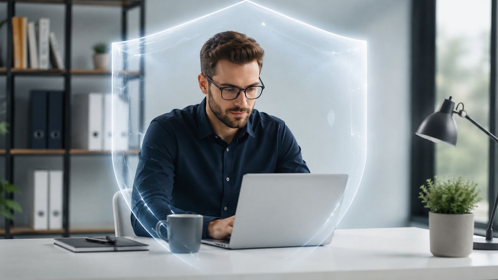 A professional man working on a laptop with a digital shield representing IT liability security protection.
