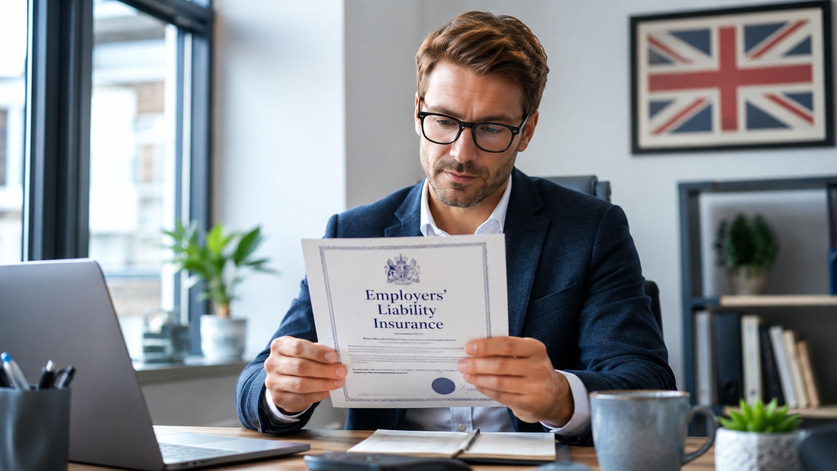 A professional man in a business suit reviewing an employers' liability insurance certificate in his office.