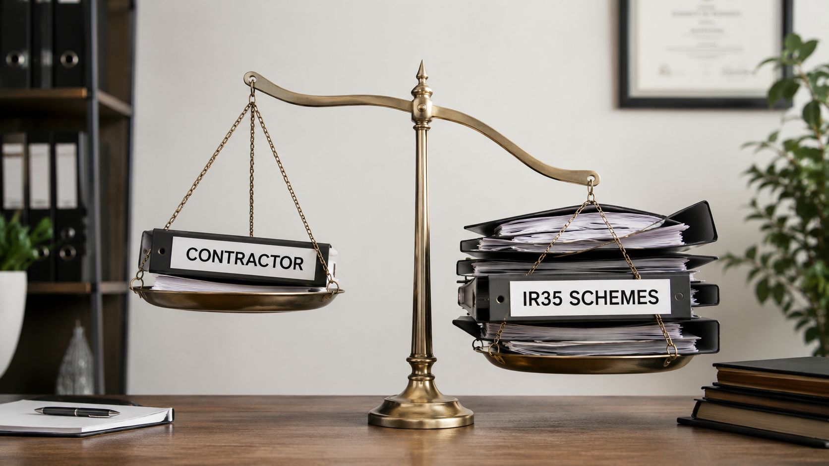A brass weighing scale shows a single contractor binder balanced against a large stack of IR35 documents.