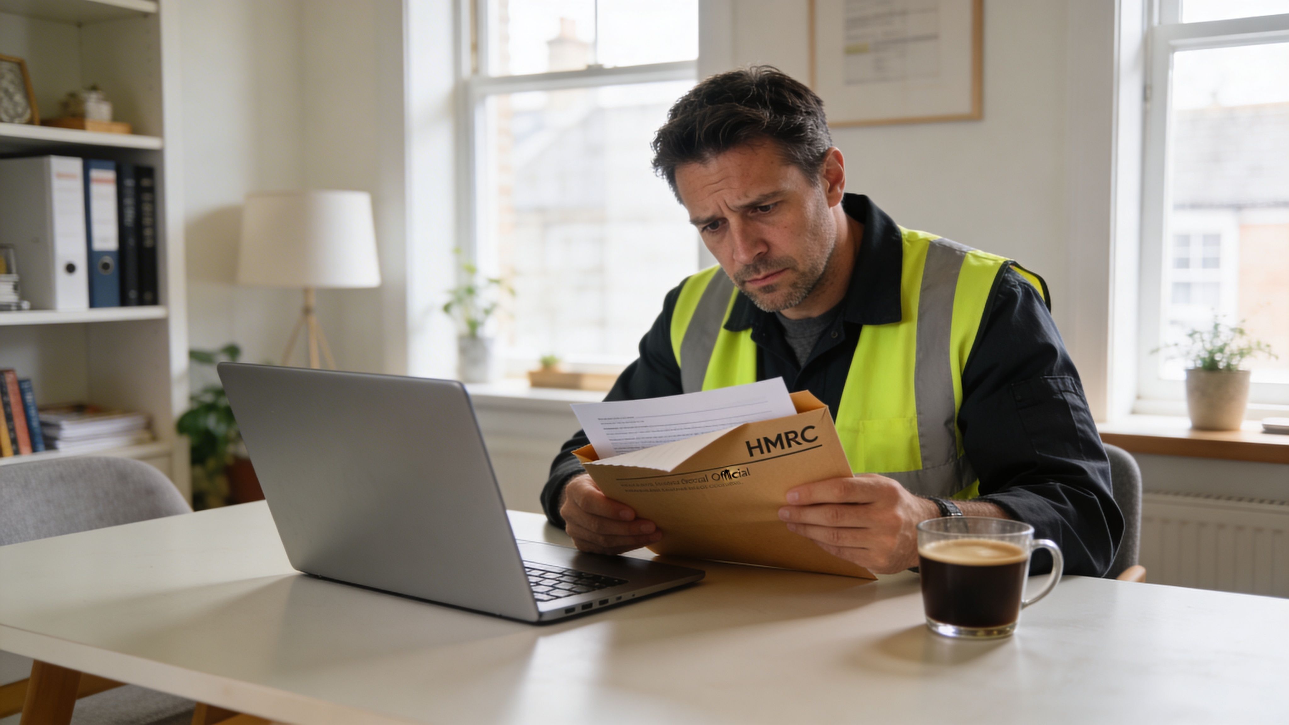 A concerned worker in a high visibility vest examines an official HMRC tax letter while sitting at home.
