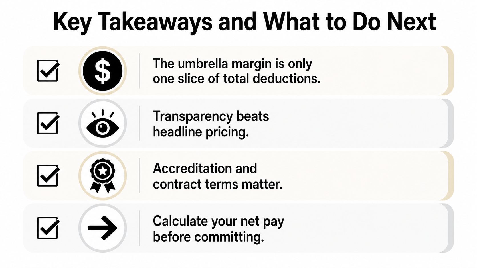 A checklist highlighting key takeaways for choosing an umbrella company, focusing on transparency, accreditation, and net pay.