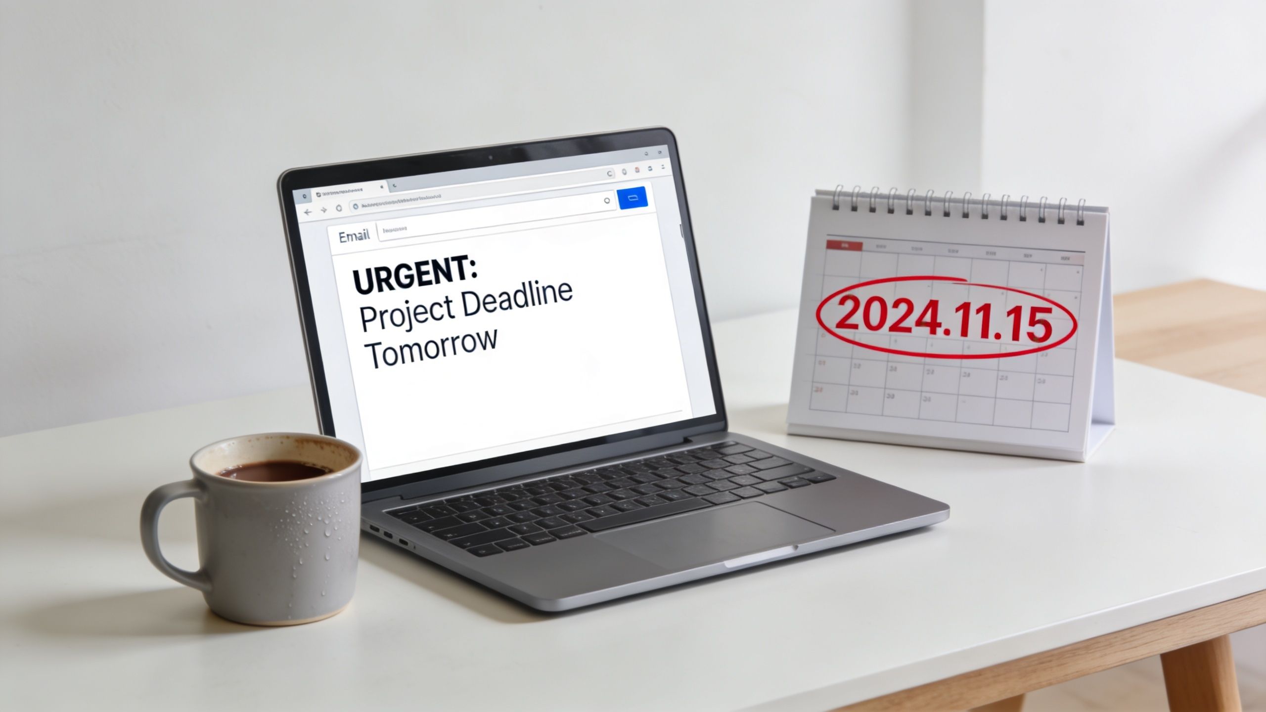 A laptop screen displaying an urgent email about a project deadline next to a desk calendar.