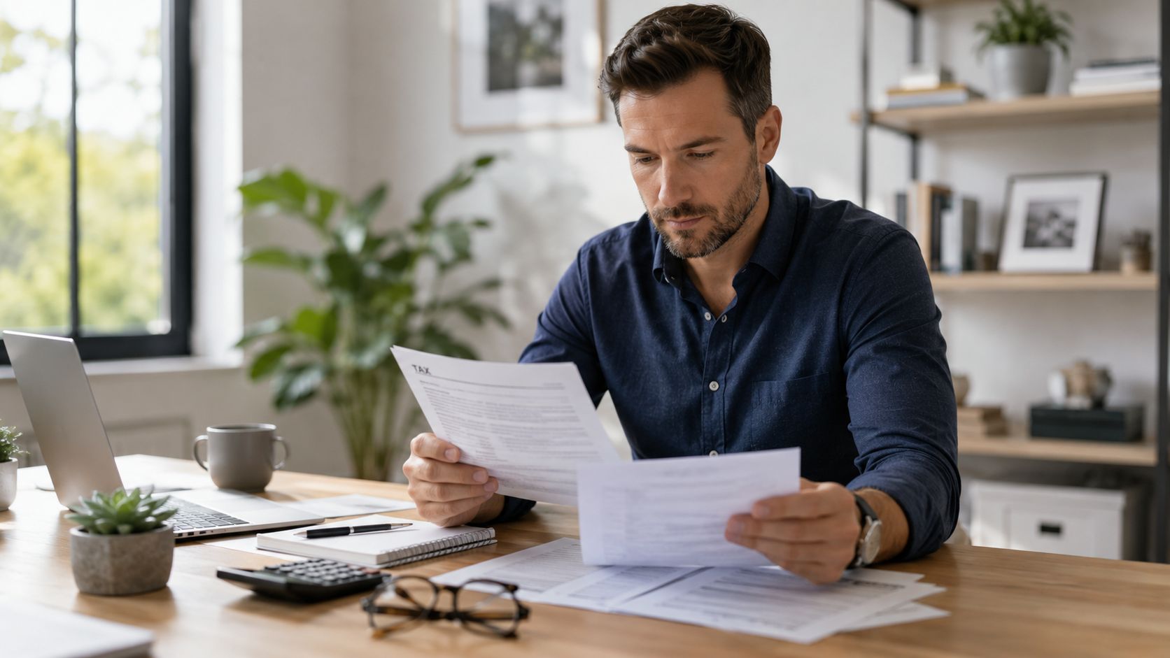 A professional man reviewing tax documents at his home office desk with a laptop and calculator.