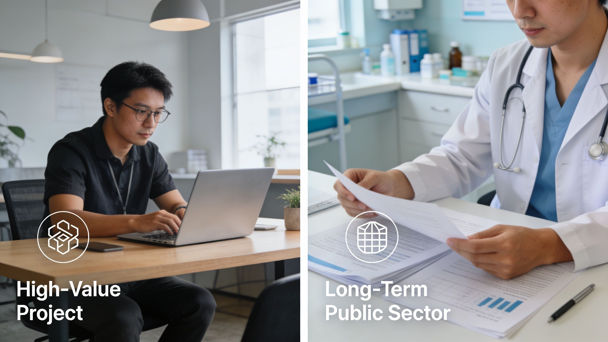 A split image showing a man working on a laptop and a doctor reviewing medical documents.