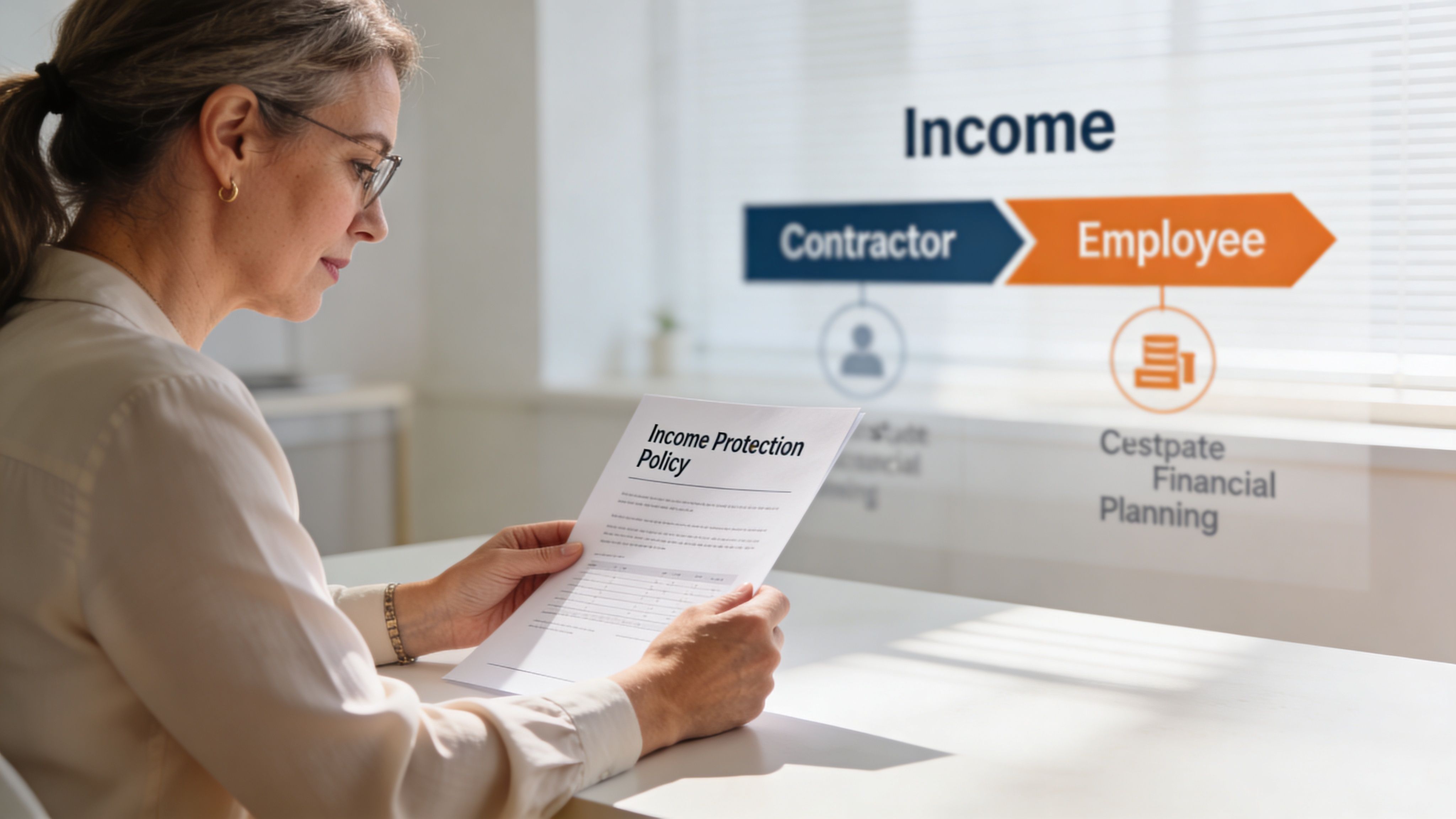 A professional woman reading an income protection policy document in a bright, modern office setting.