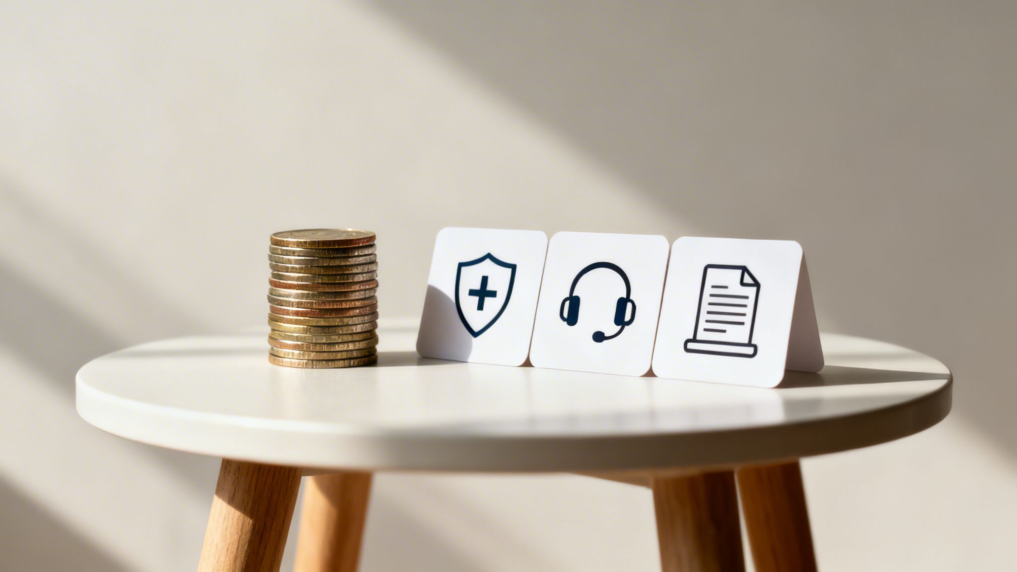 A stack of coins next to three cards with icons for health protection, customer support, and documents.