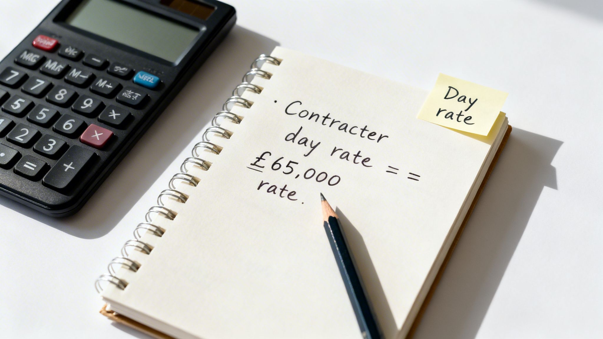A calculator next to a notebook with handwritten text 'Contracter day rate = £65,000 rate' and a sticky note 'Day rate'.