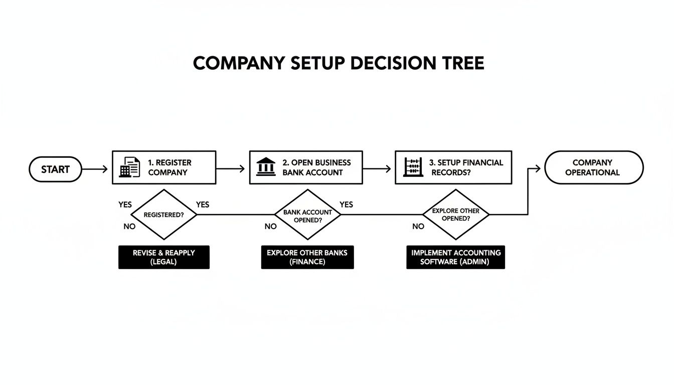 A company setup decision tree flowchart outlining steps like registration, bank account, and financial records.
