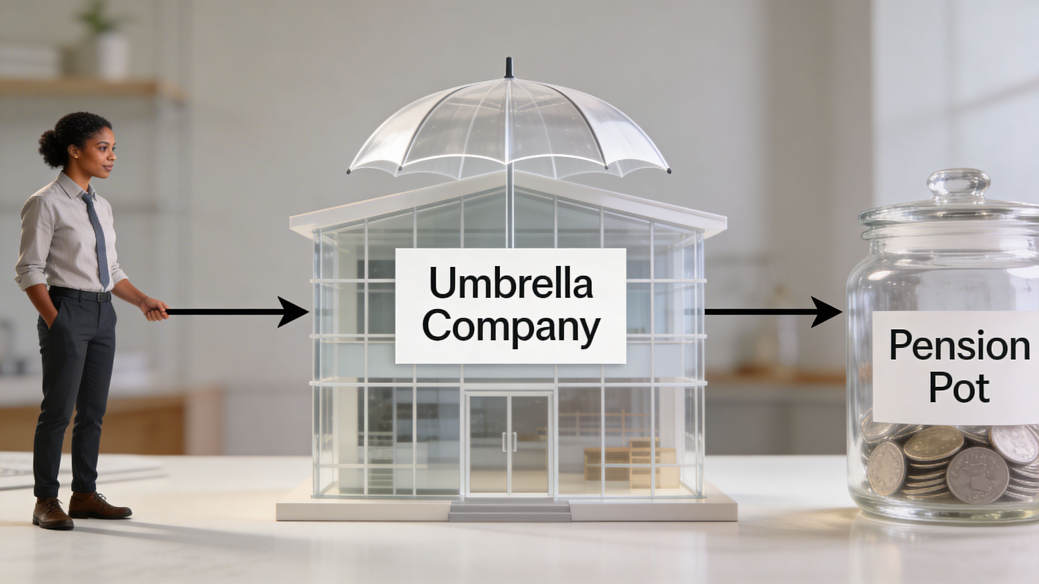 A businesswoman interacts with an umbrella company model, which then contributes to a glass pension pot.