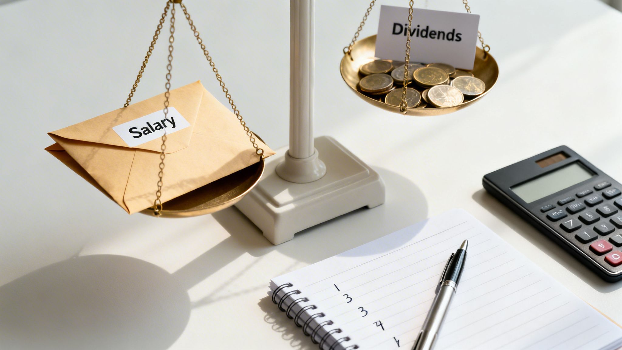 A balance scale weighing a 'Salary' envelope against 'Dividends' coins, with a calculator and notebook nearby.