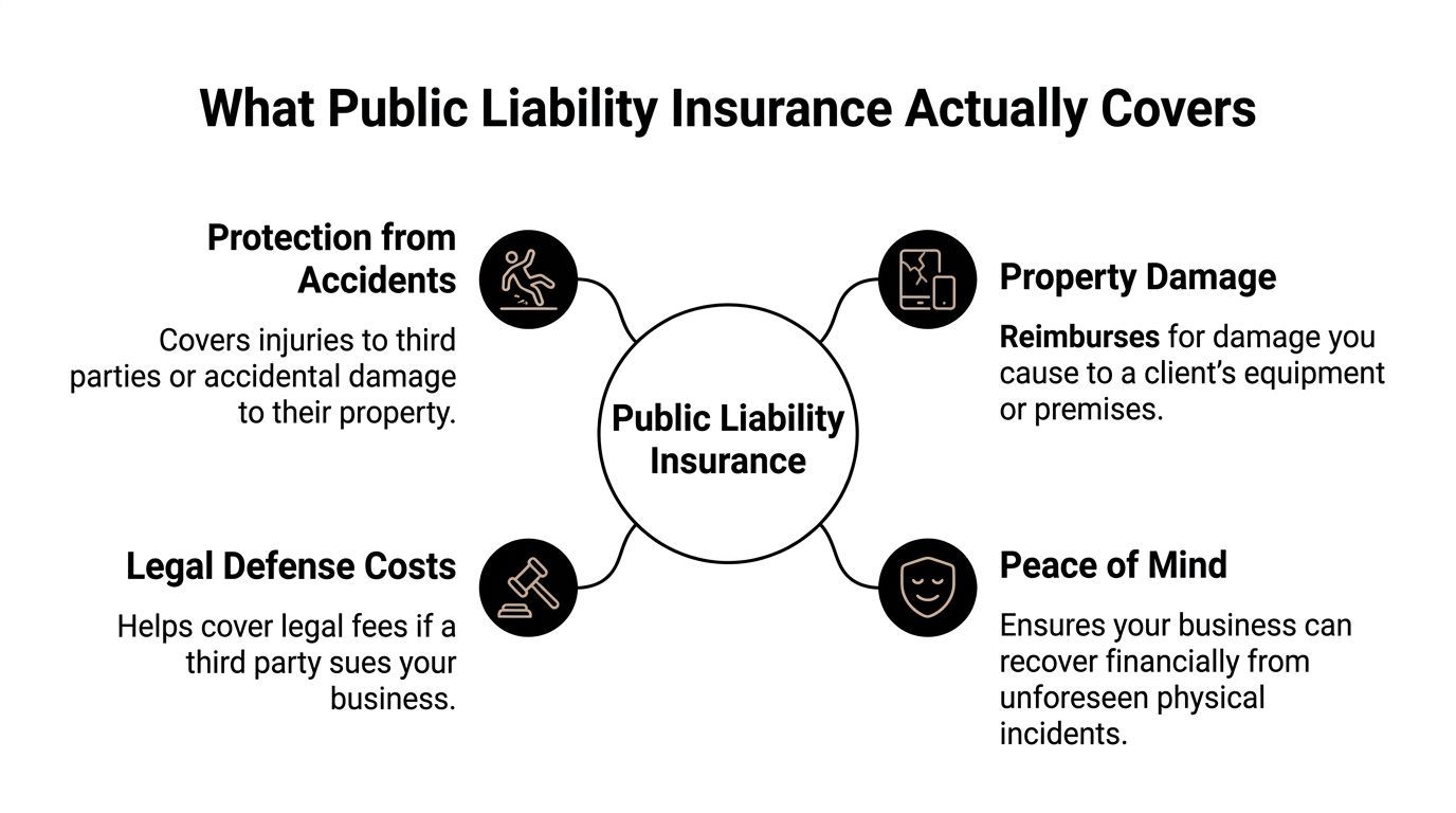 A diagram illustrating the four main benefits and coverage areas provided by public liability insurance for businesses.