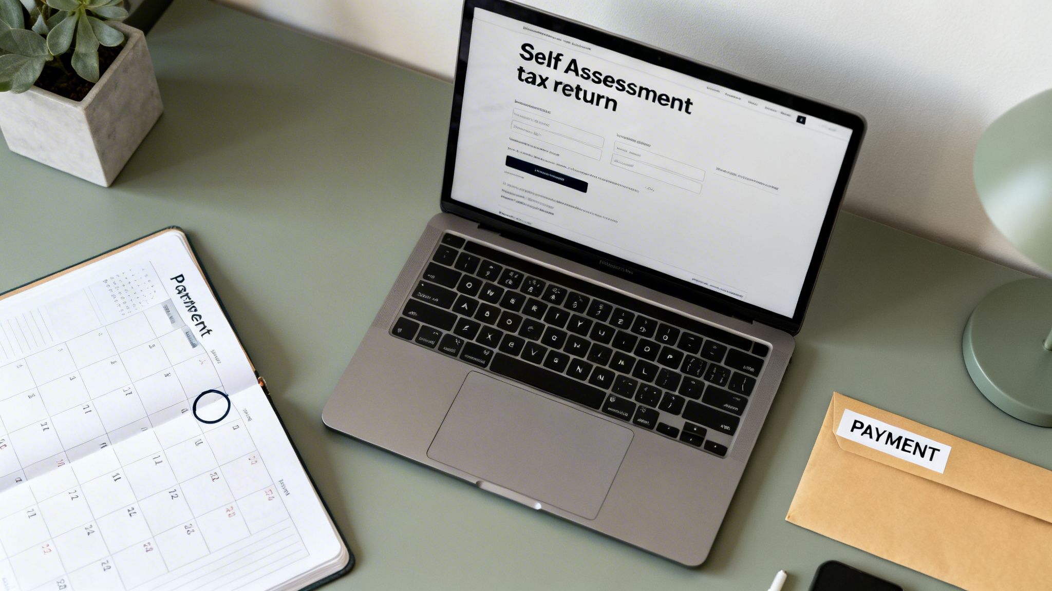 Laptop displaying a tax return form, a calendar with a payment reminder, and an envelope on a desk.