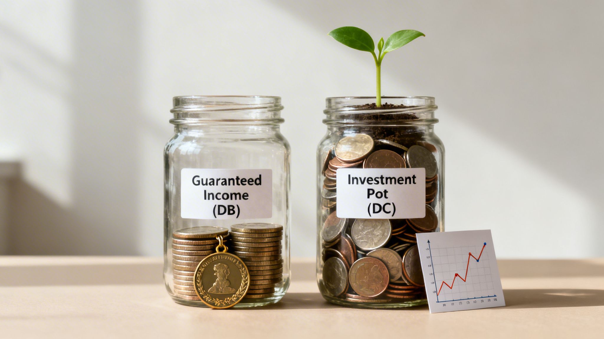 Two jars comparing Guaranteed Income (DB) and Investment Pot (DC) retirement savings strategies.