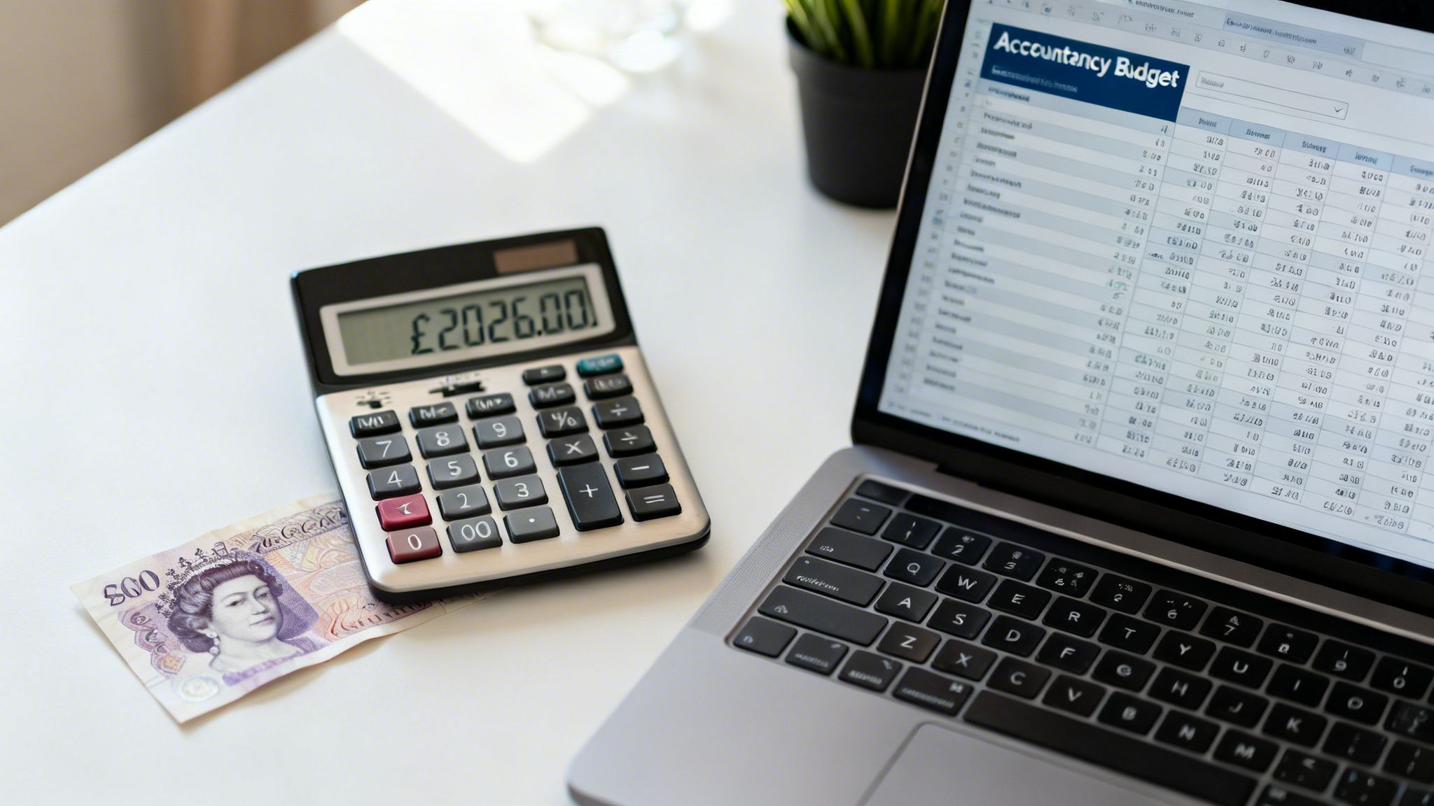 A laptop showing an accountancy budget spreadsheet with a calculator and a British pound banknote on a desk.