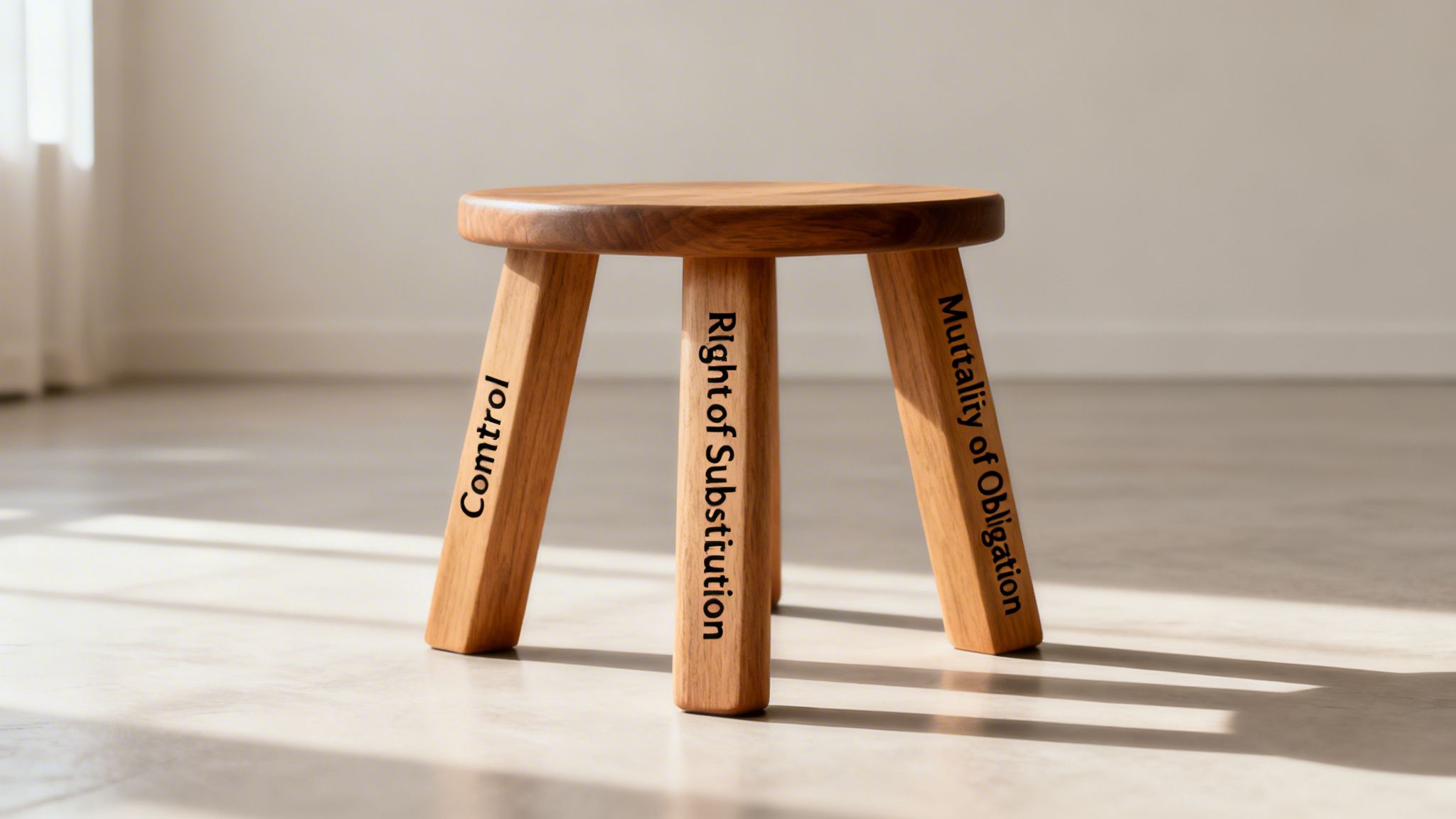 A wooden three-legged stool with "Comtrol", "Right of Substitution", and "Mutuality of Obligation" written on its legs.