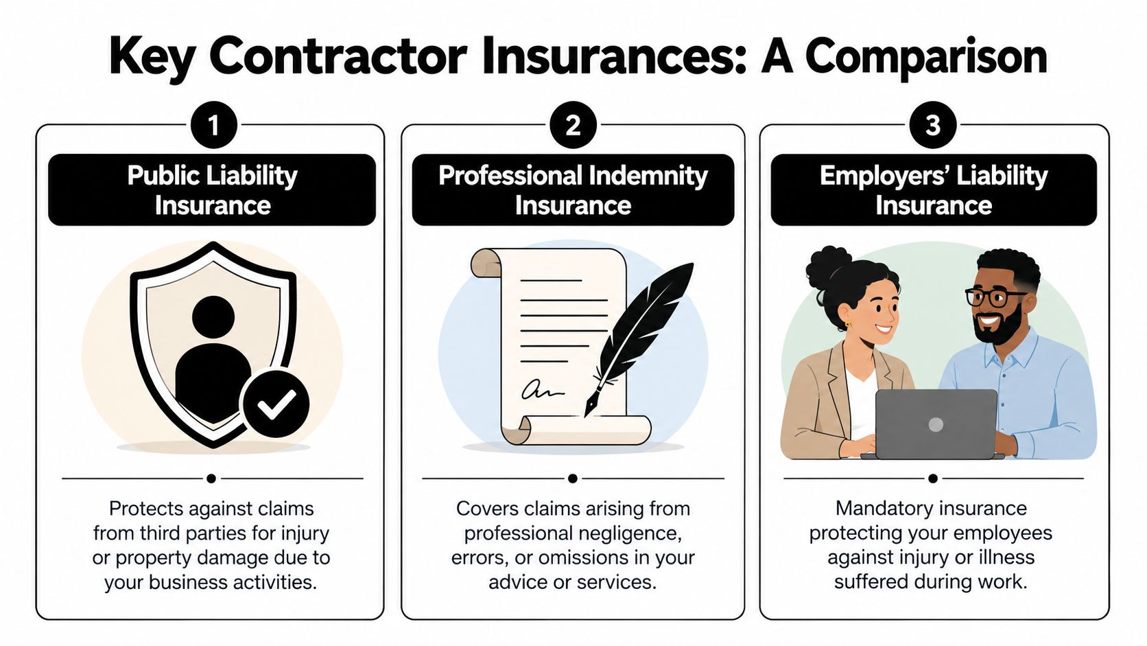 A comparison infographic detailing three essential insurance types for contractors: public liability, professional indemnity, and employers' liability.