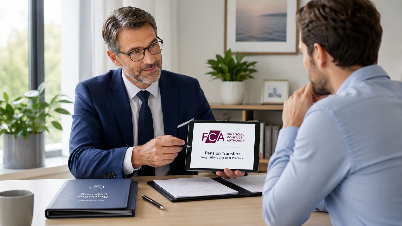 A professional financial advisor discusses pension transfer regulations with a client while showing a tablet presentation.