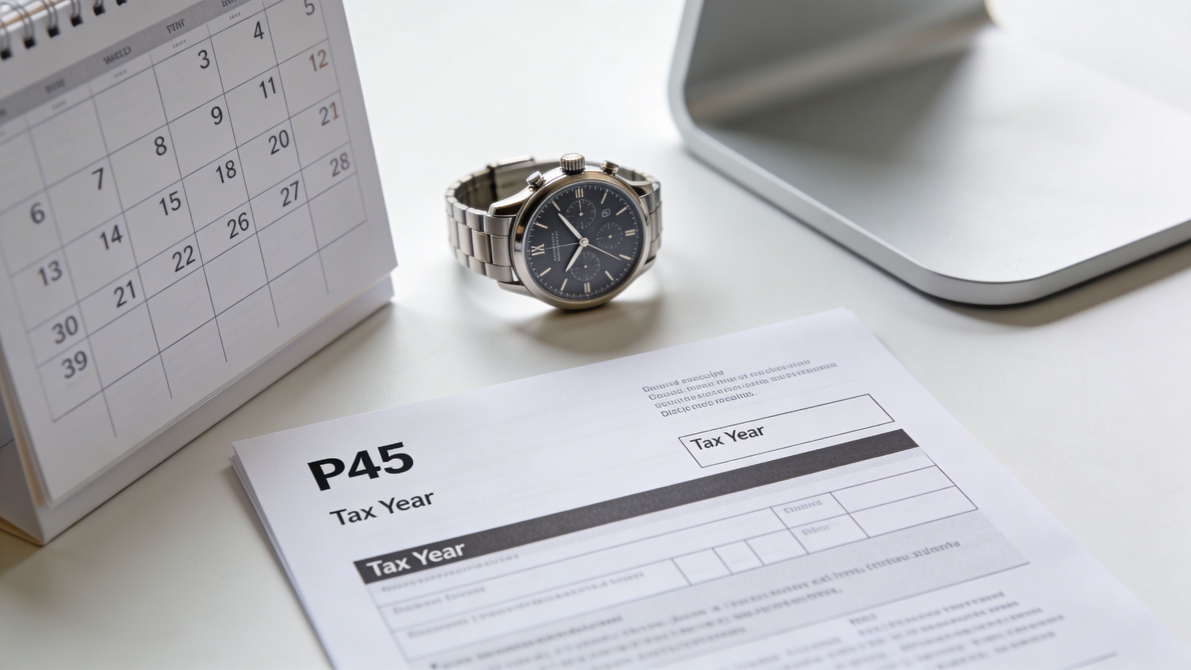 A tax document labeled P45 sitting on a desk next to a calendar and a luxury wrist watch.