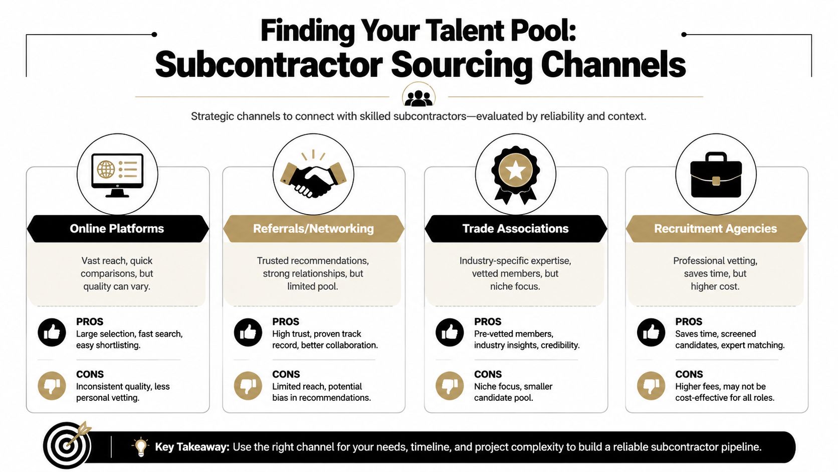 An infographic titled Finding Your Talent Pool showcasing four key channels for sourcing professional subcontractors.