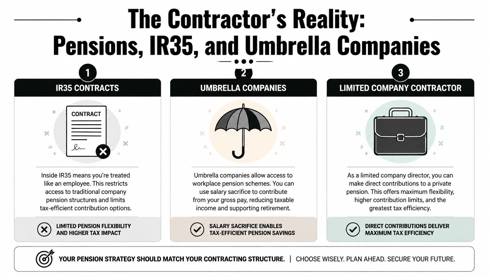 An infographic detailing the relationship between IR35 status, umbrella companies, limited company contracting, and pension strategies.