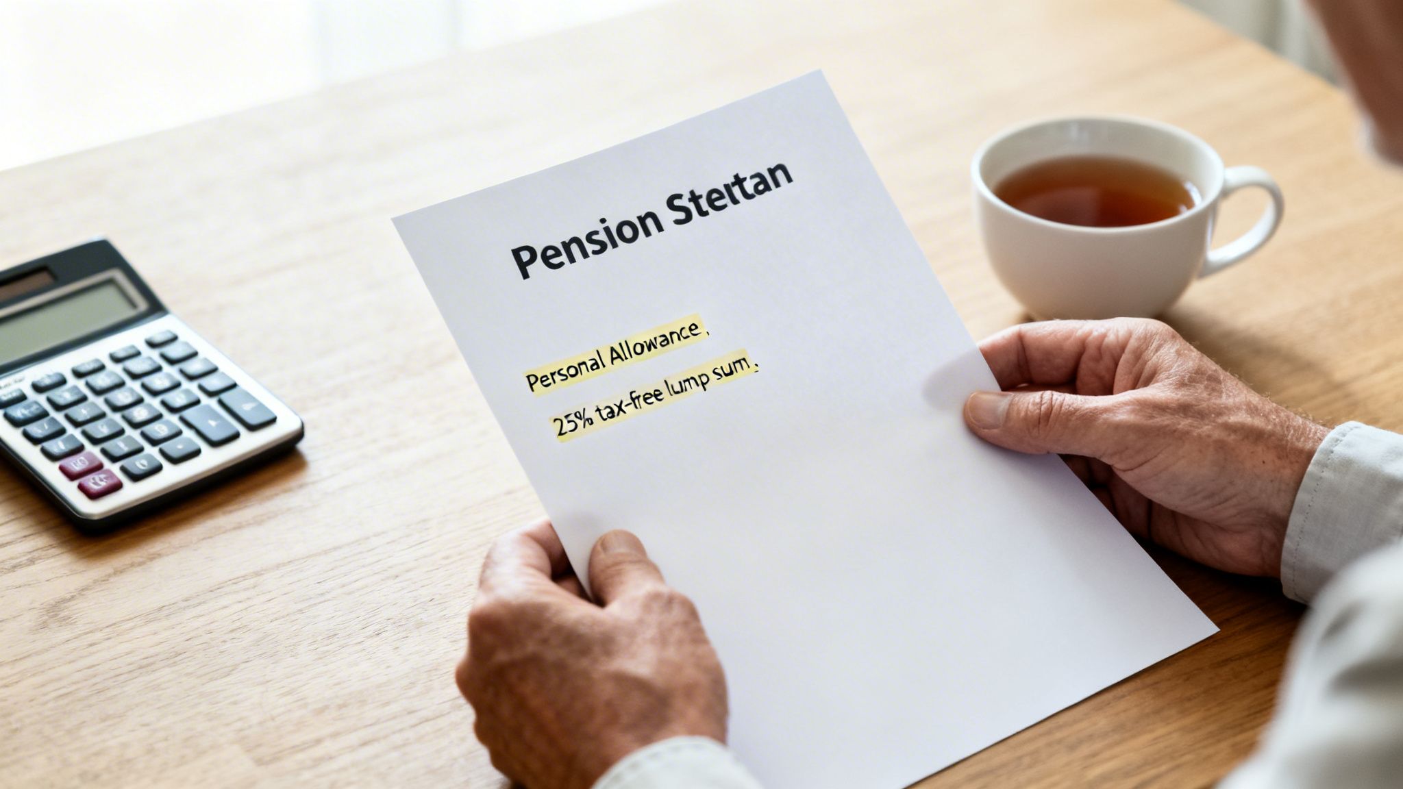 An older person reads a pension document about personal allowance and a 25% tax-free lump sum.