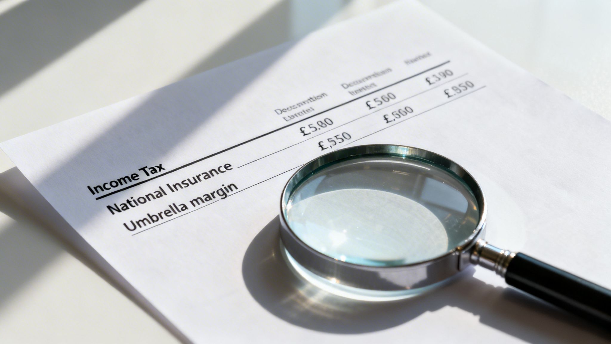 A magnifying glass rests on a document displaying Income Tax and National Insurance calculations.