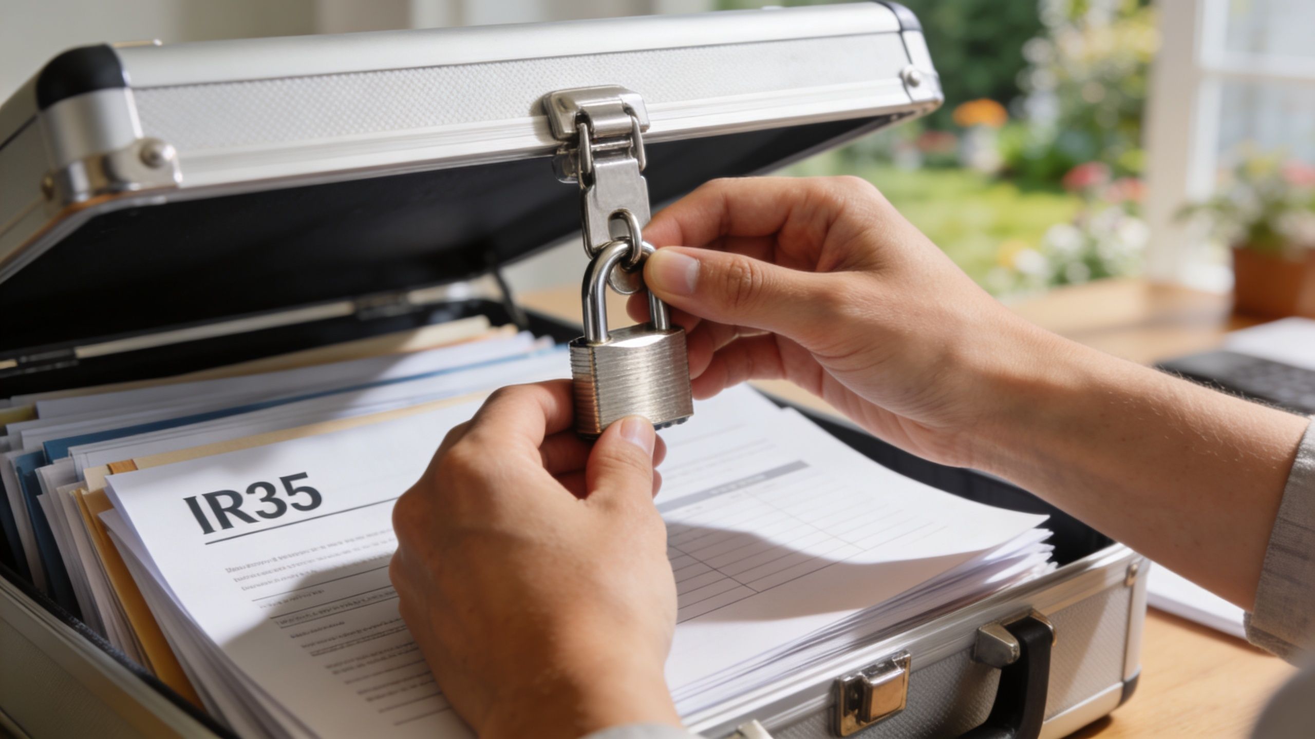 A person securing a metal briefcase full of financial documents labeled IR35 with a silver padlock.