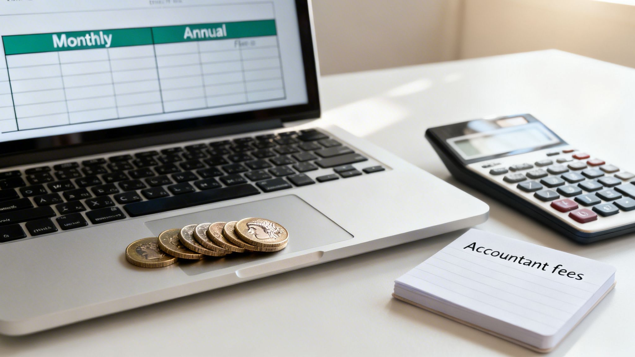 Laptop with a financial spreadsheet, Euro coins, calculator, and a note about 'Accountant fees' on a desk.