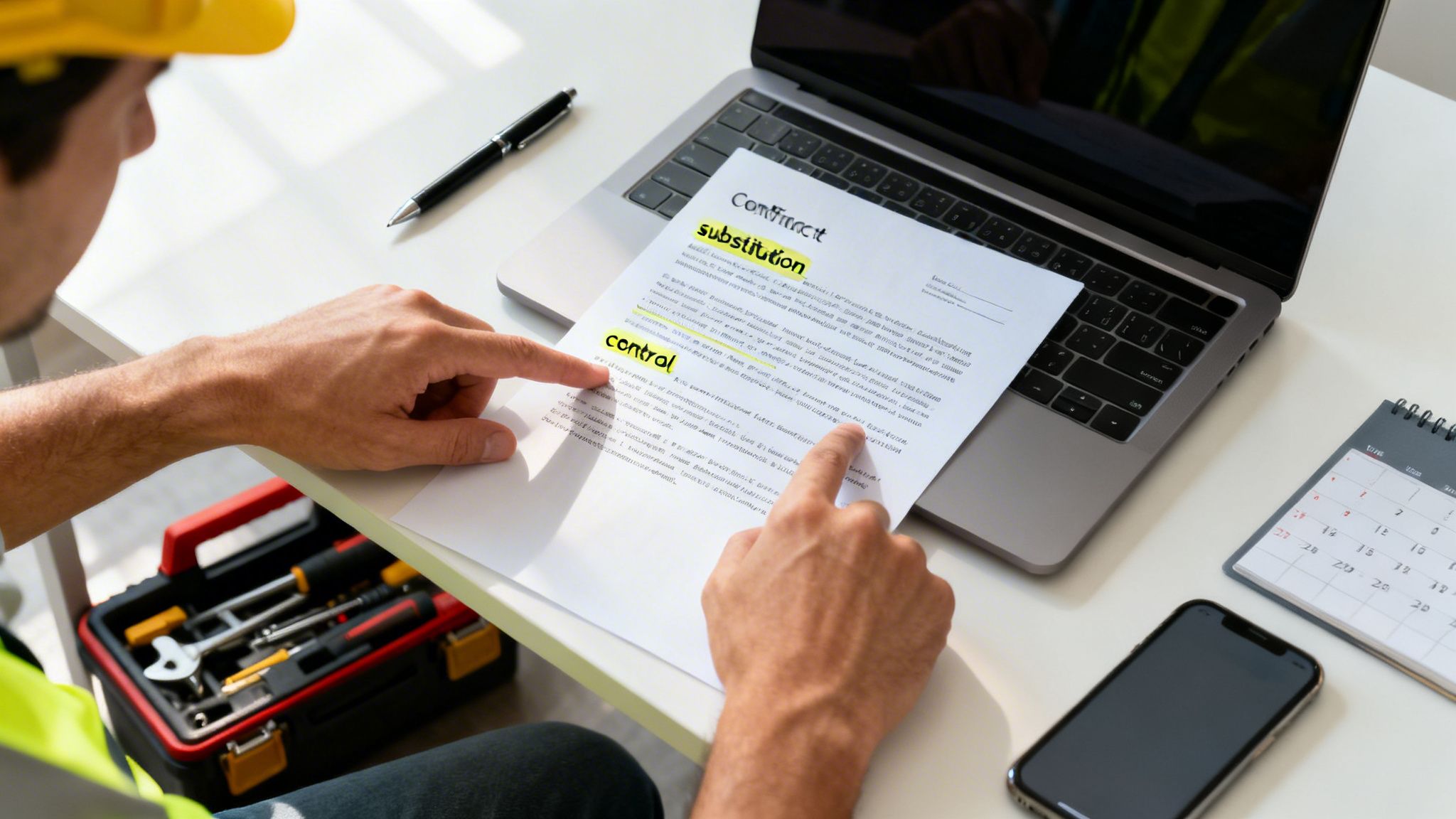 An engineer wearing a hard hat reviews a contract document with highlighted terms, using a laptop and tools.