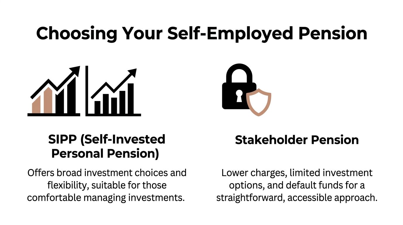 A graphic comparing SIPP and stakeholder pensions as options for self-employed individuals to save for retirement.