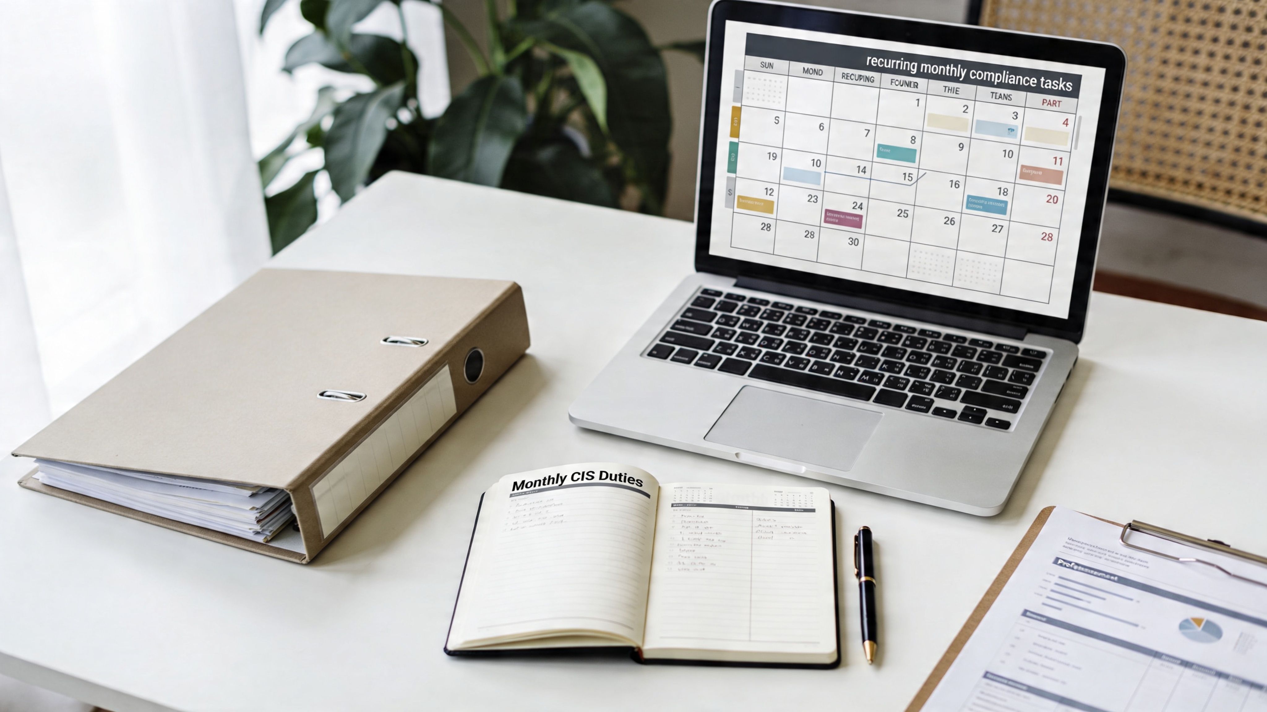A modern workspace with a laptop displaying a compliance calendar, a notebook, a binder, and documents.