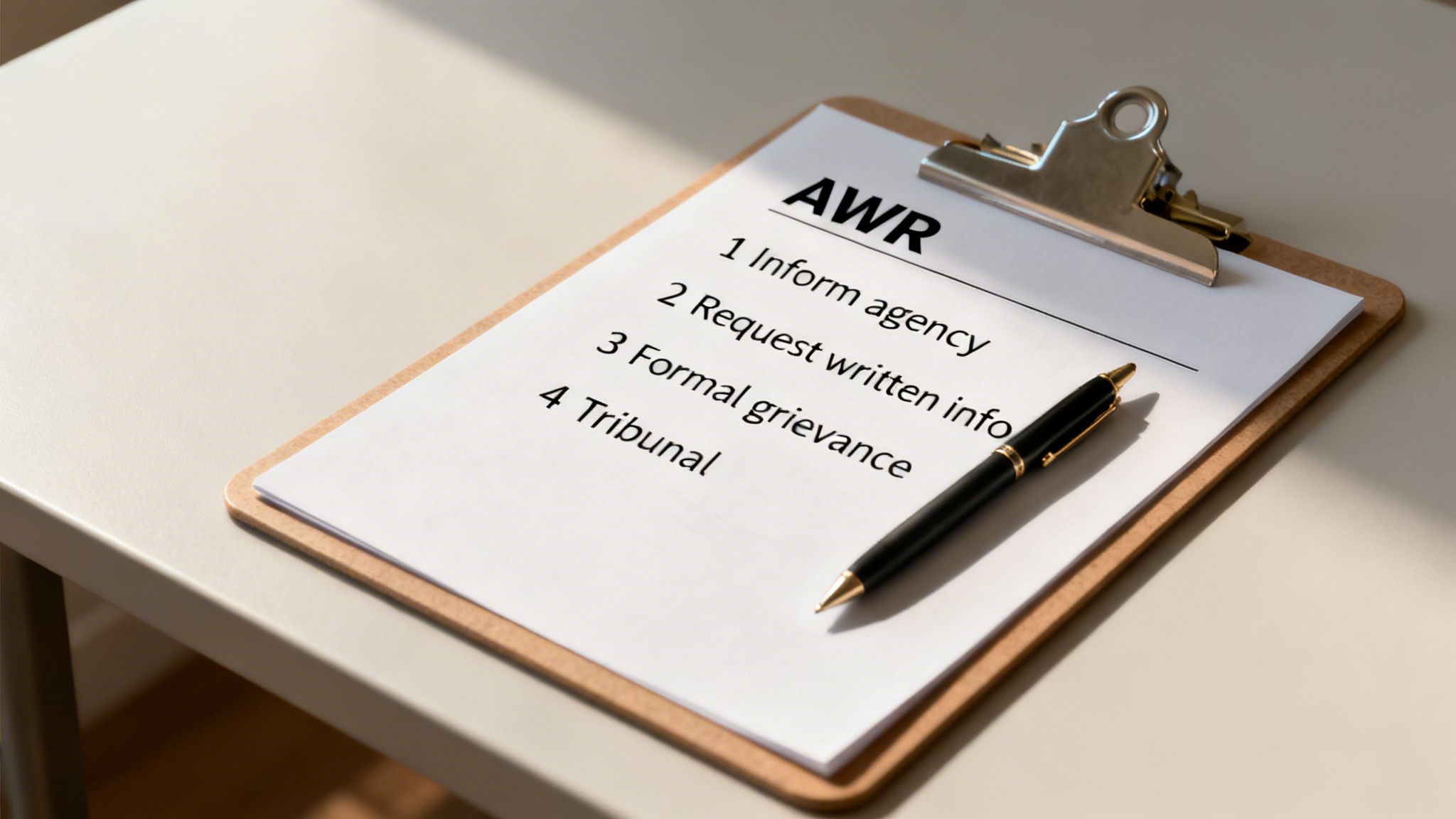 A clipboard with a document outlining AWR (Agency Workers Regulations) process steps next to a pen.