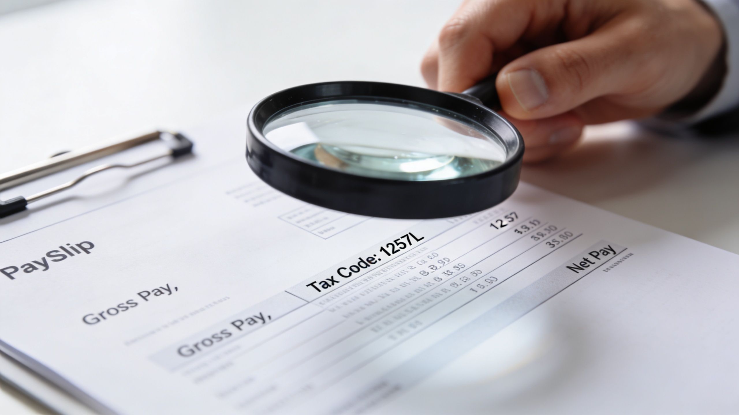 A close-up view of a person using a magnifying glass to examine a payslip showing tax code 1257L.