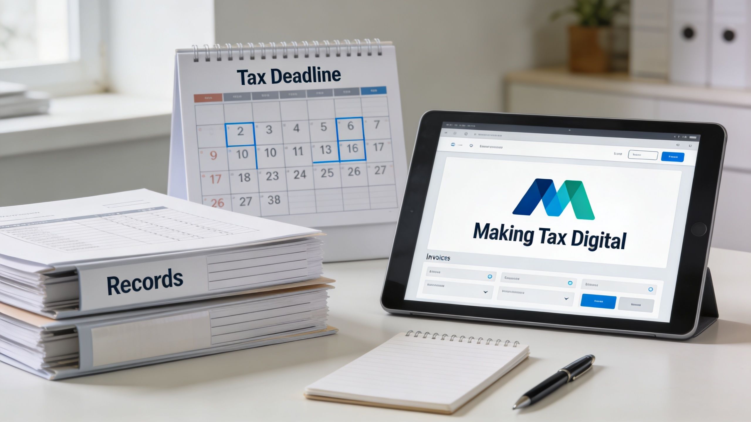 A digital tablet displaying Making Tax Digital software alongside a tax deadline calendar and paper records.