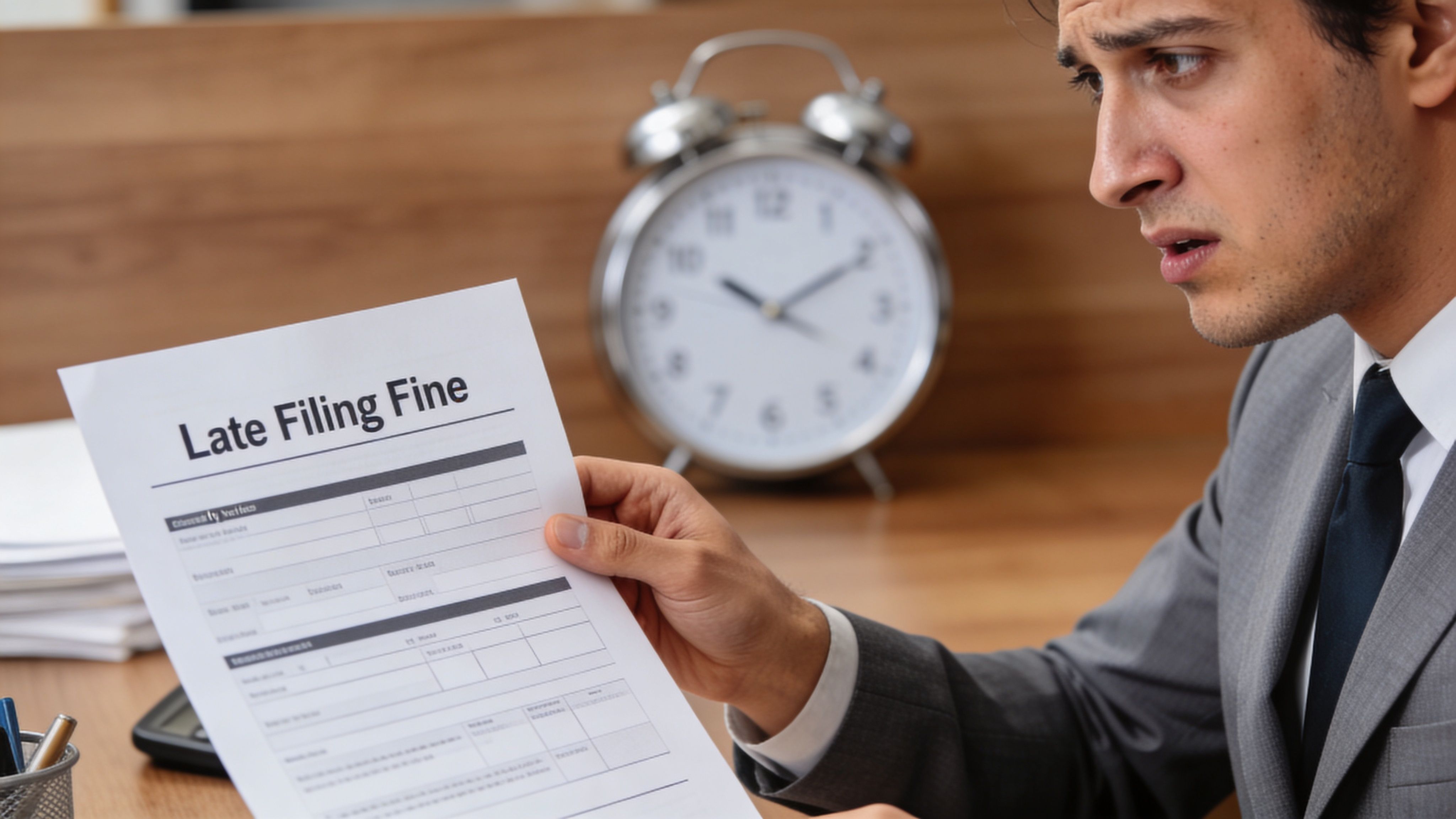 A worried businessman in a suit looks at a document titled Late Filing Fine near a clock.