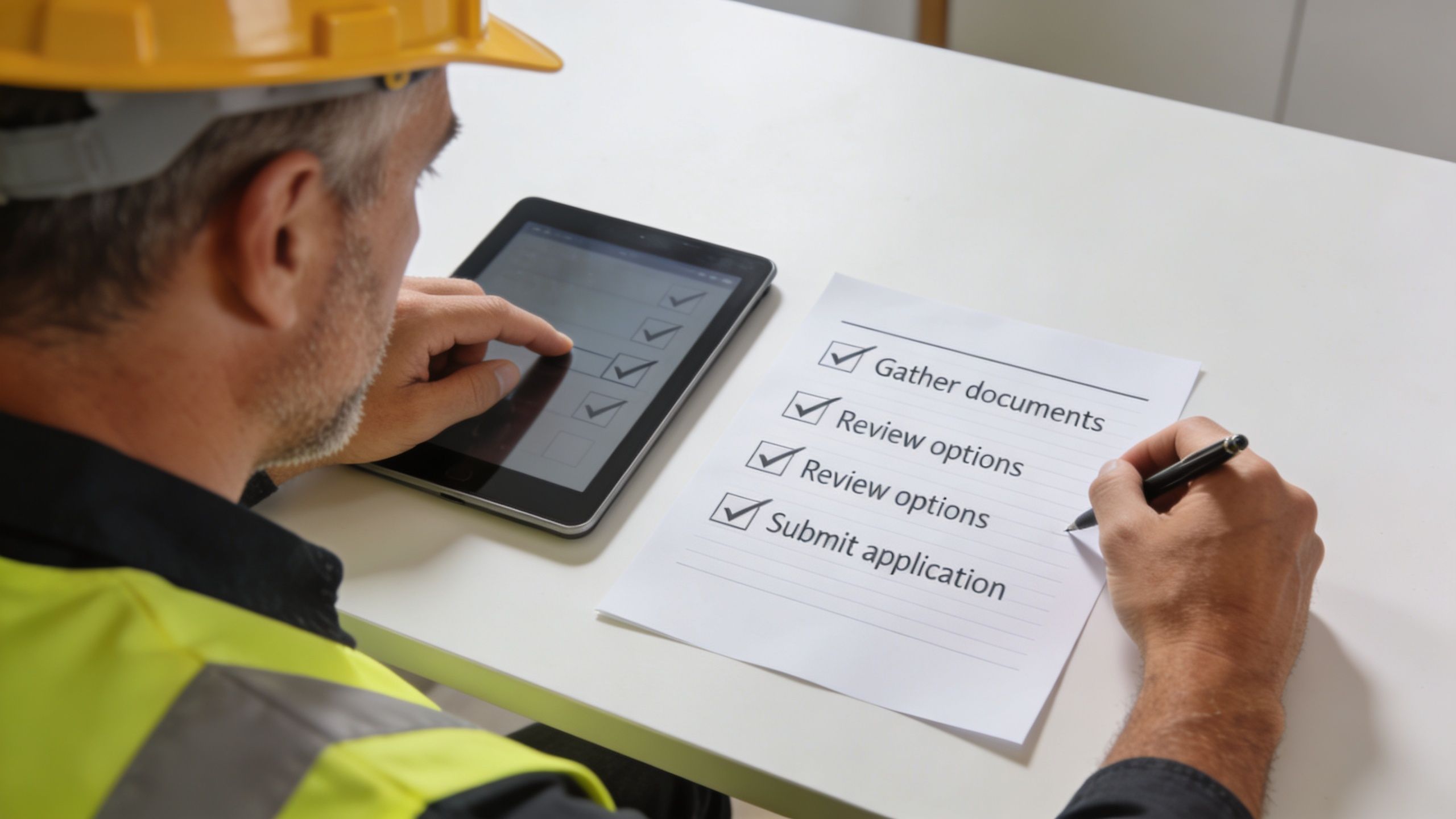 A construction worker in a safety vest fills out an insurance application checklist on a white table.