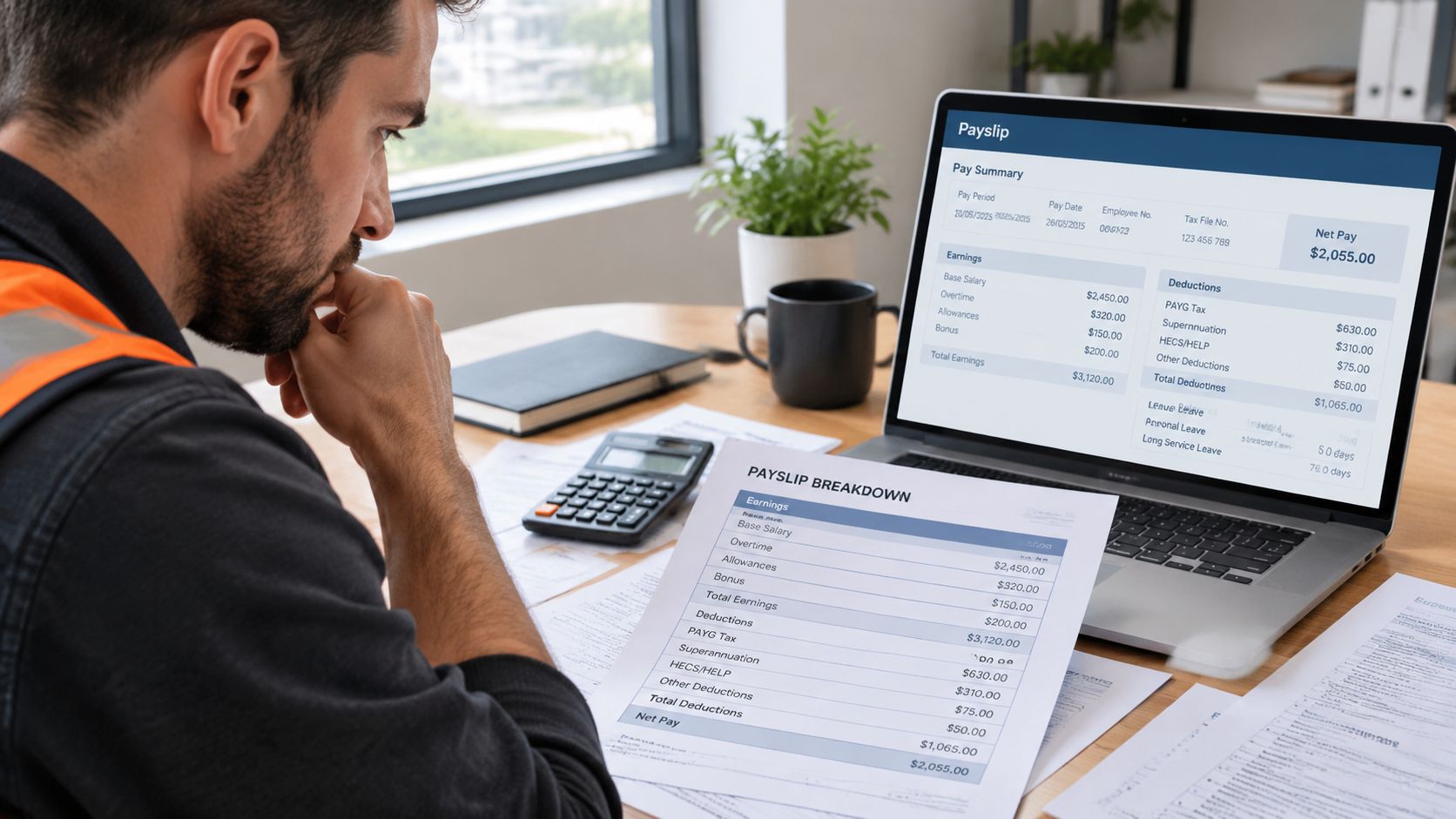 A construction worker reviewing a digital and paper payslip at his office desk with a calculator.