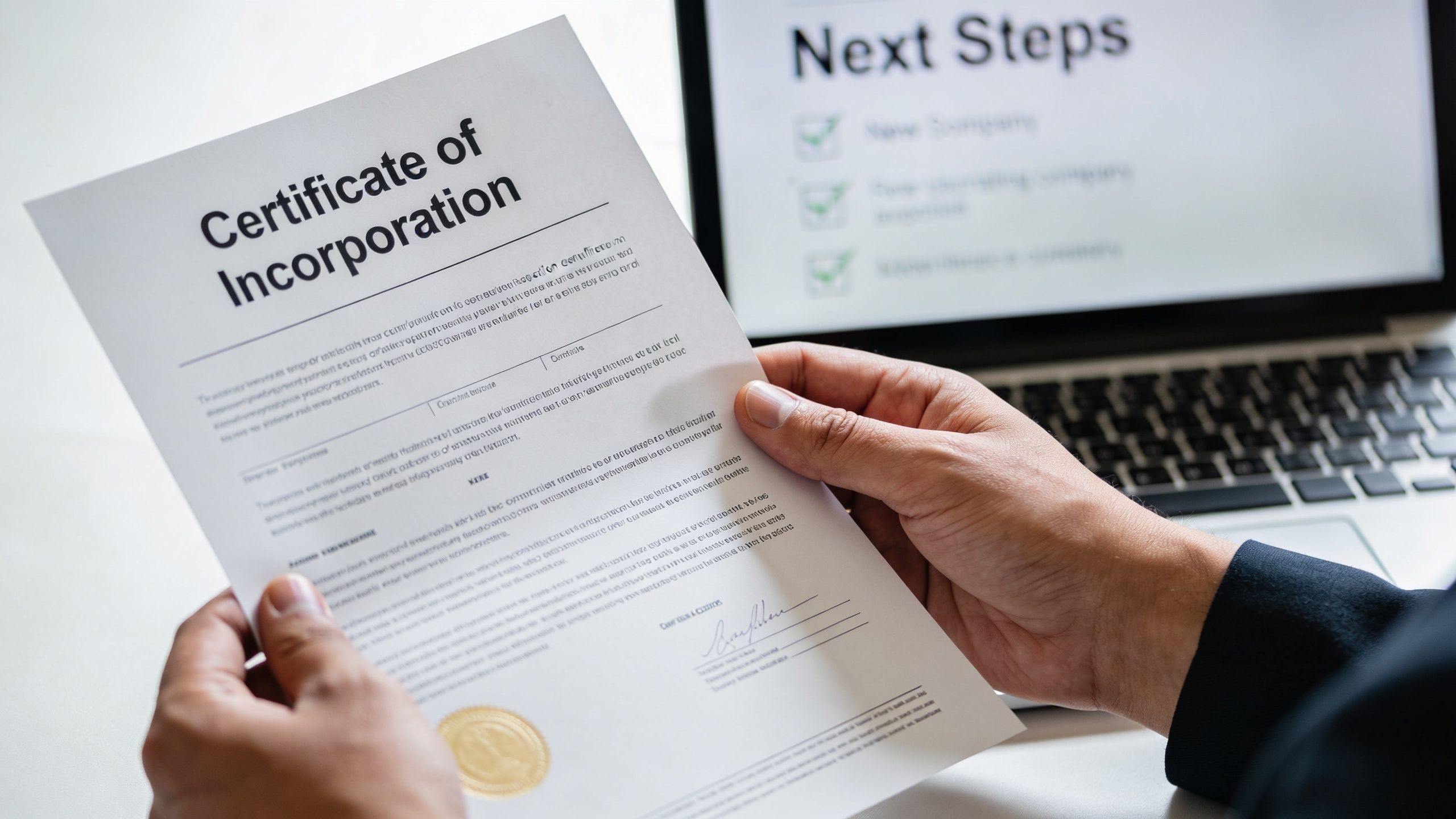 A person in a business suit holding a Certificate of Incorporation document in front of a laptop.