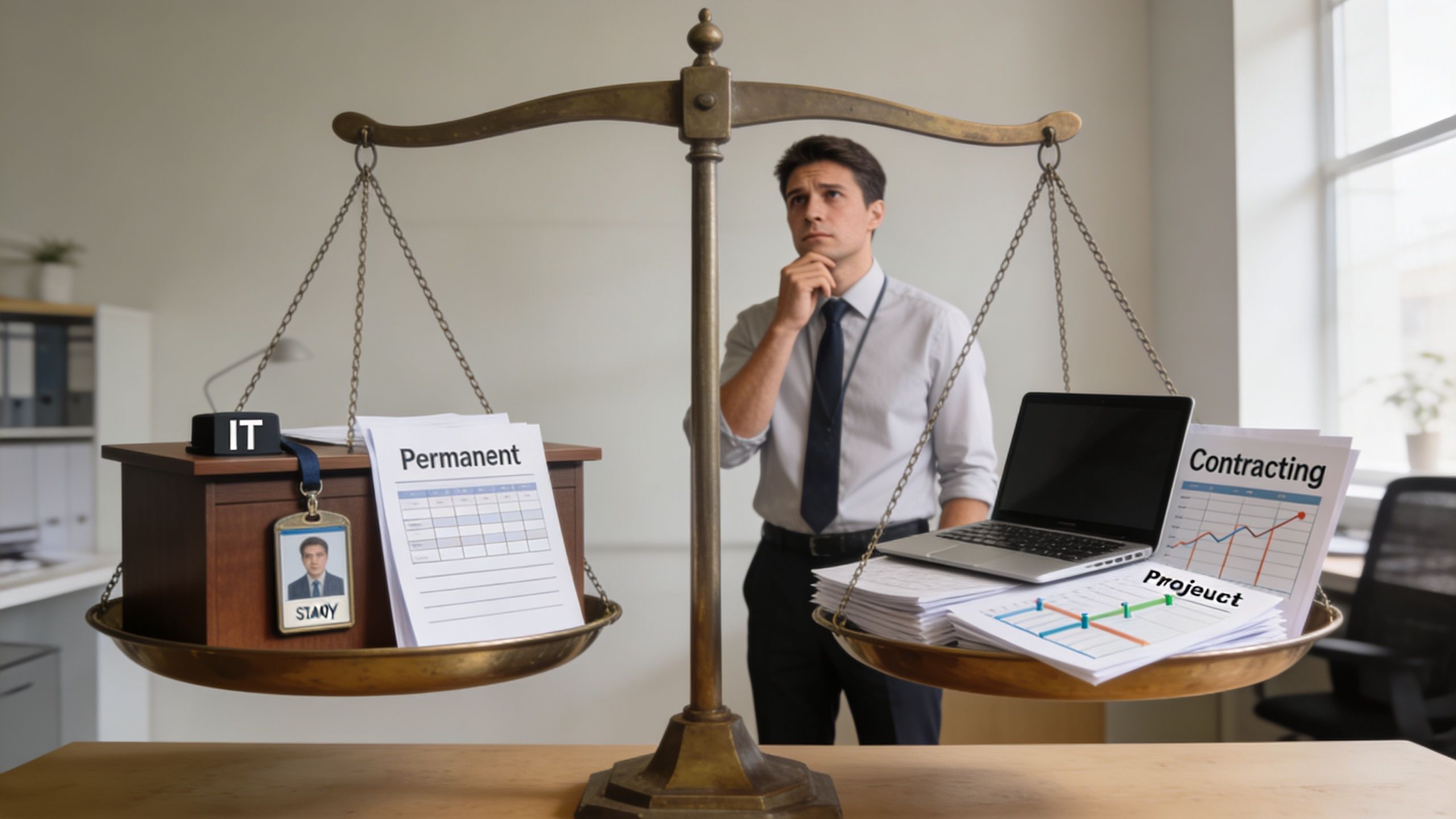 A professional man weighing permanent IT employment against independent IT contracting project work on a brass scale.